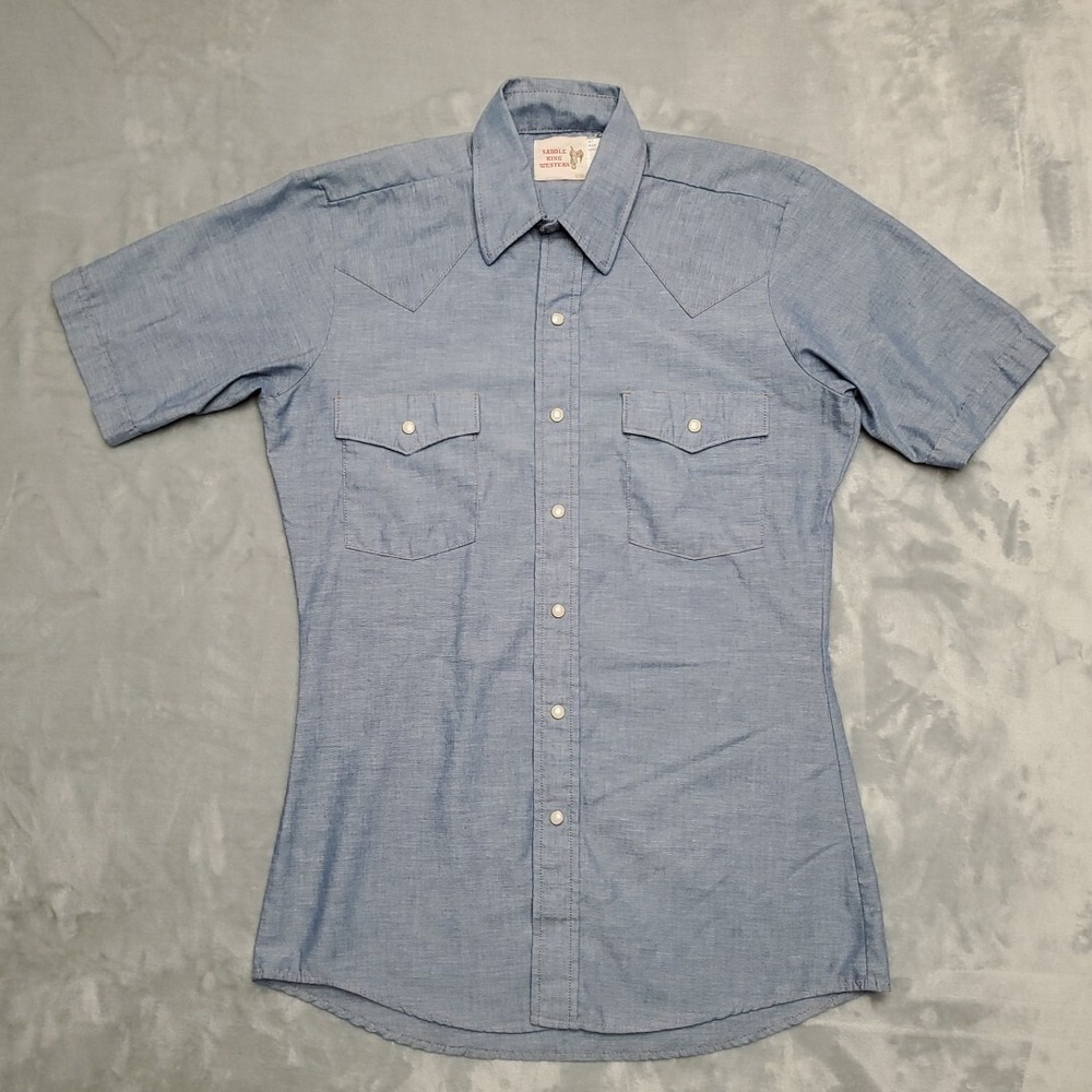 VTG Saddle King Shirt Sz 14.5 Blue Chambray Pearl Snap Western Shepp Ranch Idaho